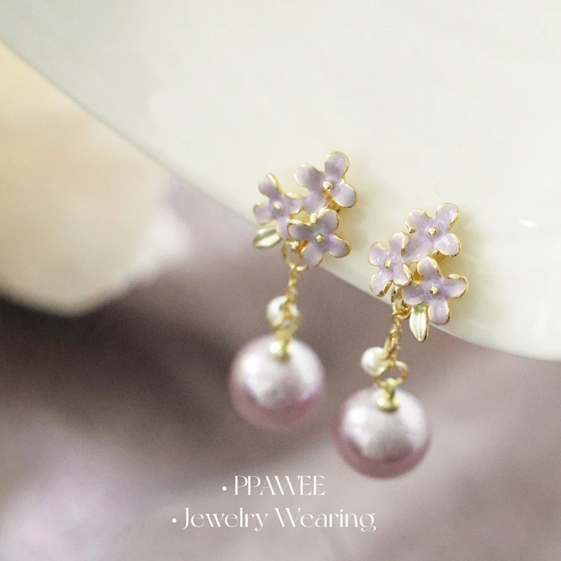 925银耳饰 晨露苍兰|法式紫色花朵耳饰女高级感珍珠吊坠耳环精致