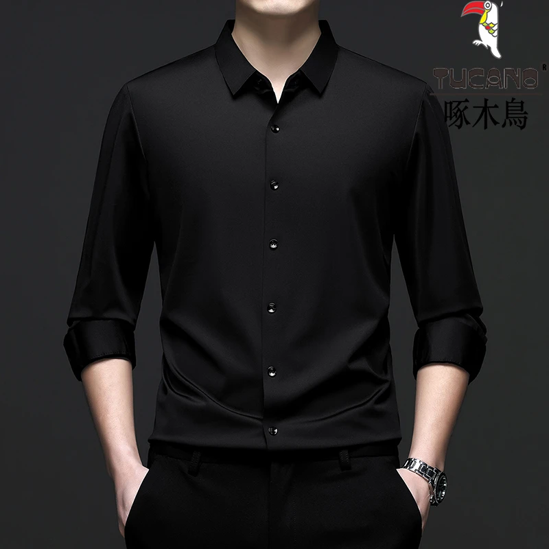 啄木鸟男士长袖衬衫秋冬季无痕免烫商务休闲高弹纯色轻奢时尚衬衫