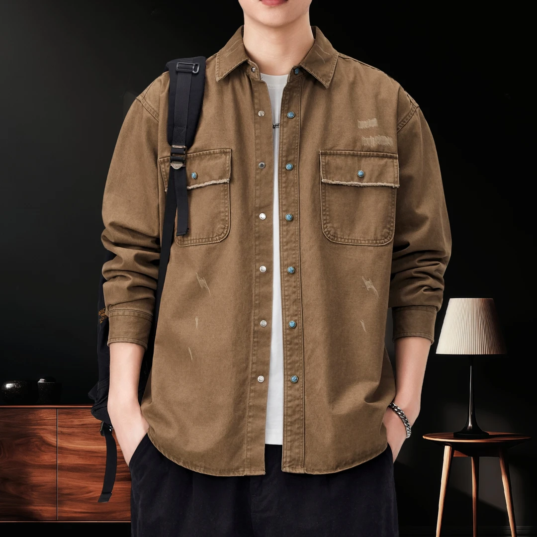 2025秋季新款日系纯棉卡其色长袖衬衫男宽松大码潮牌百搭休闲上衣