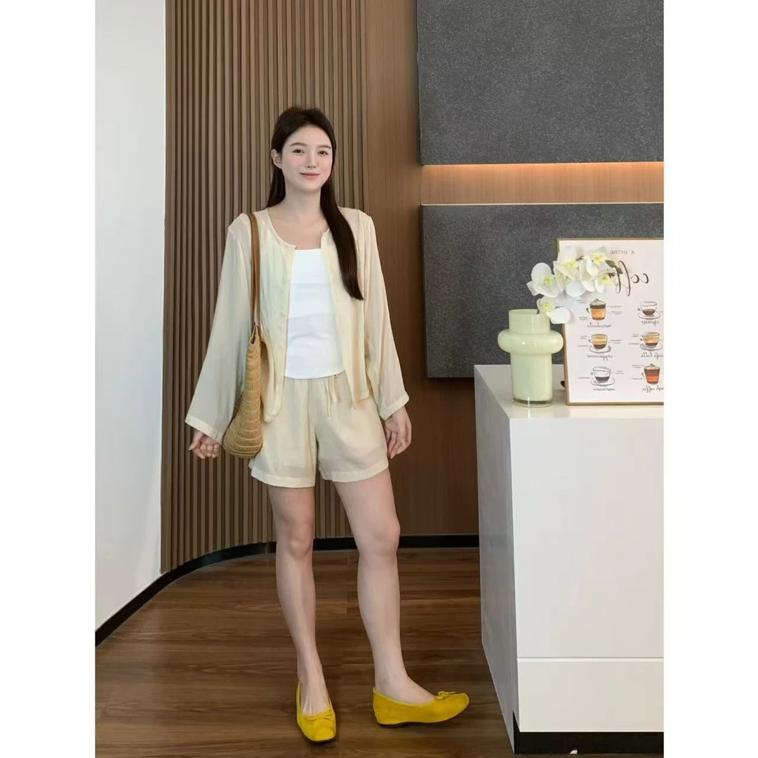 小羽酱小个子定制夏季简约松弛感套装薄款长袖衬衫＋松紧腰短裤
