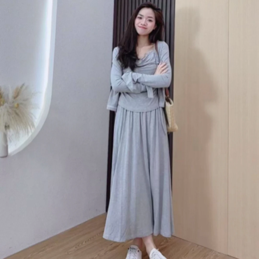 【艾美小个子】春季慵懒风休闲吊带背心莫代尔棉裙子上衣三件套装