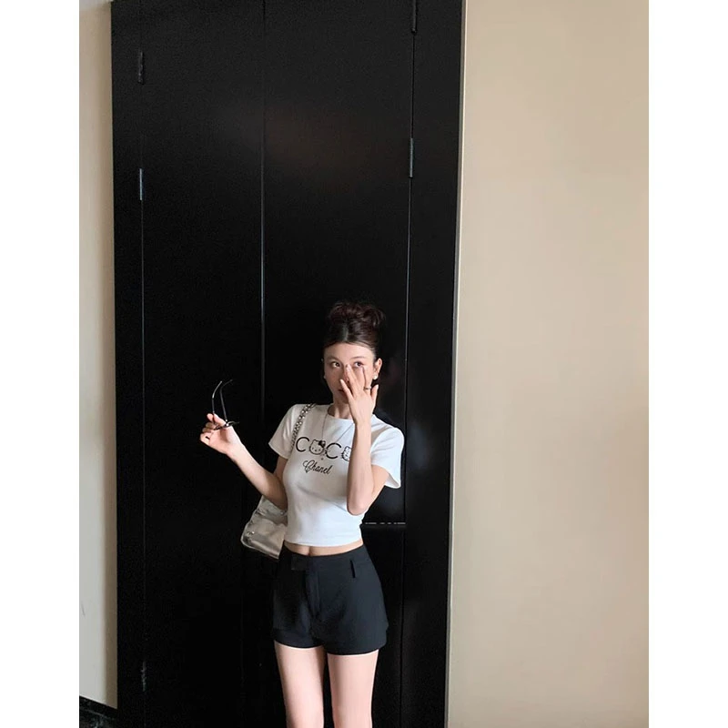 夏季新款简约珍珠coco凯蒂猫气质短袖T恤高腰修身显瘦时尚短裤女