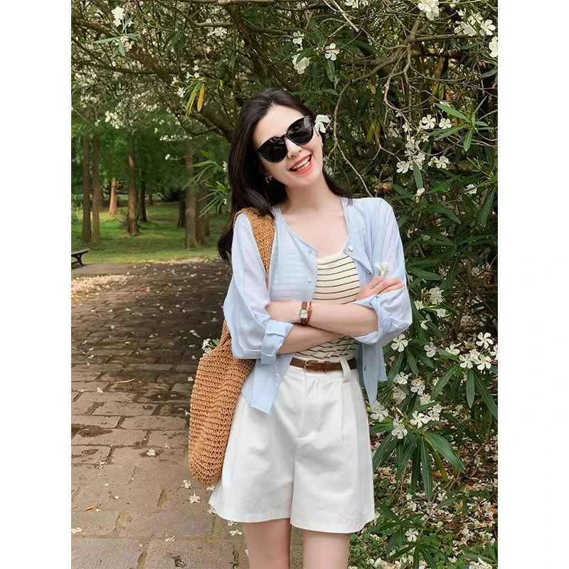 小个子短款蓝色外穿亚麻冰丝防晒衬衫女夏季宽松薄纱开衫空调上衣