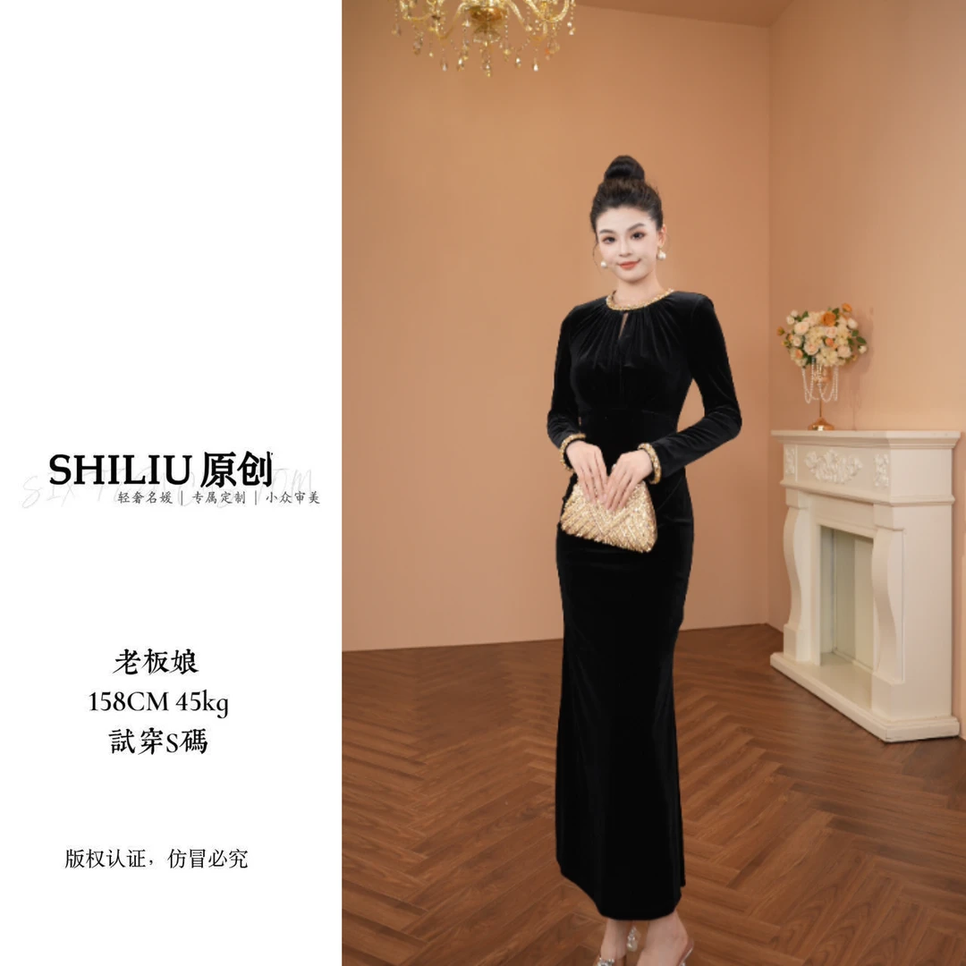 【十六定制】秋装女装法式贵气圆领镶钻修身丝绒包臀连衣裙21579