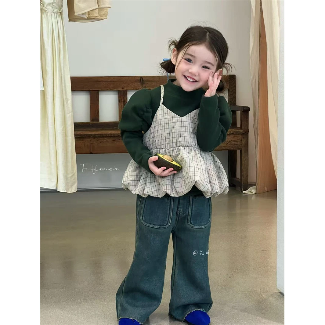 HJ·25冬~真两件格子吊带套装725285（童装汉服）绿色