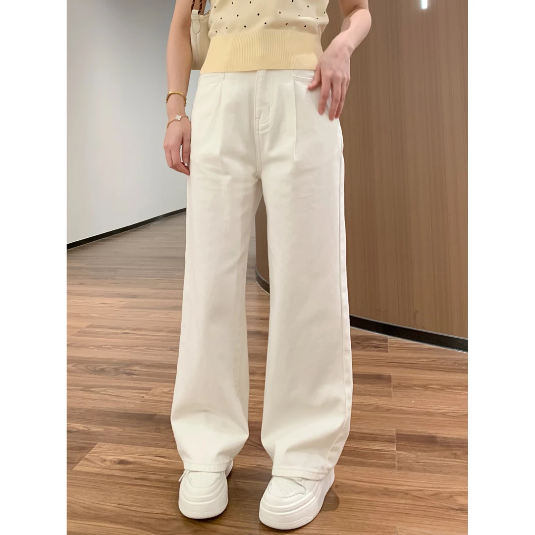 【折扣】YO定制小个子宽松显瘦无弹阔腿裤百搭简约高腰白色牛仔裤