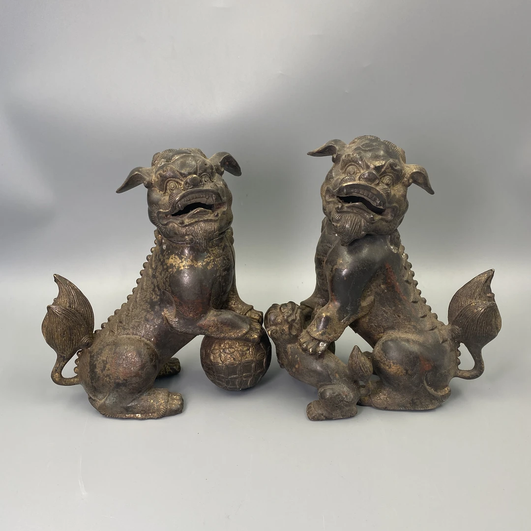 民国至早期铜铸狮子纹香炉熏炉一对益合/2501-4