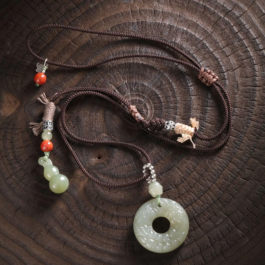 链子925银 N18767 绿色雕刻龙纹平安扣葫芦抽拉绳项链