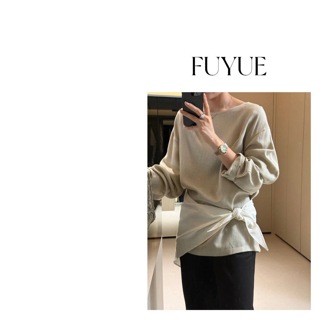FUYUE赴约 上衣带披肩款式的亚麻上衣套头松弛极简风气质长袖时尚