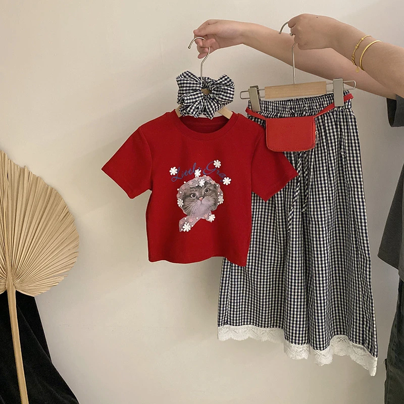 【安安家】女童韩版可爱花朵喵咪短袖T恤格子休闲裤两件套R25296