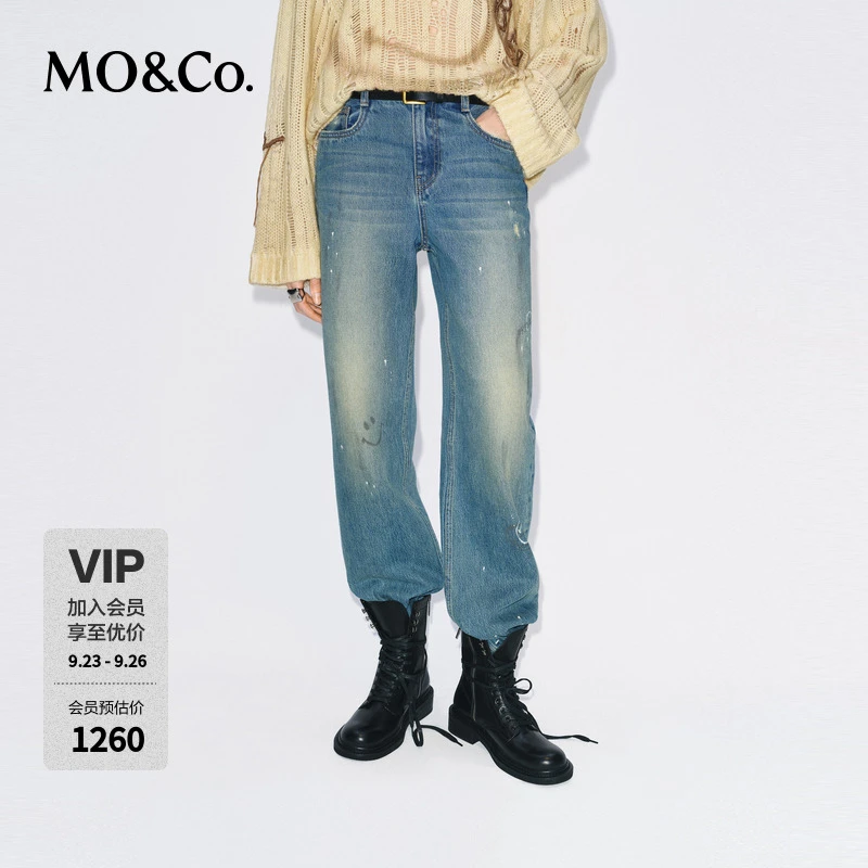 【SMILEY联名】MOCO牛仔裤2025冬新品脏污喷墨做旧棉质MBE4JEN009