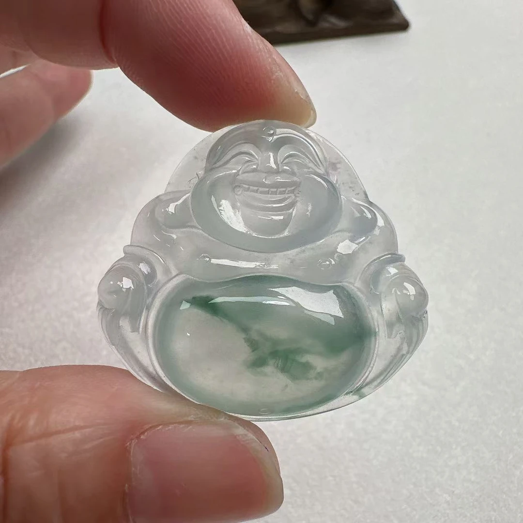 天然缅甸翡翠A货飘花大佛公，冰种、胶感、细腻、男女款