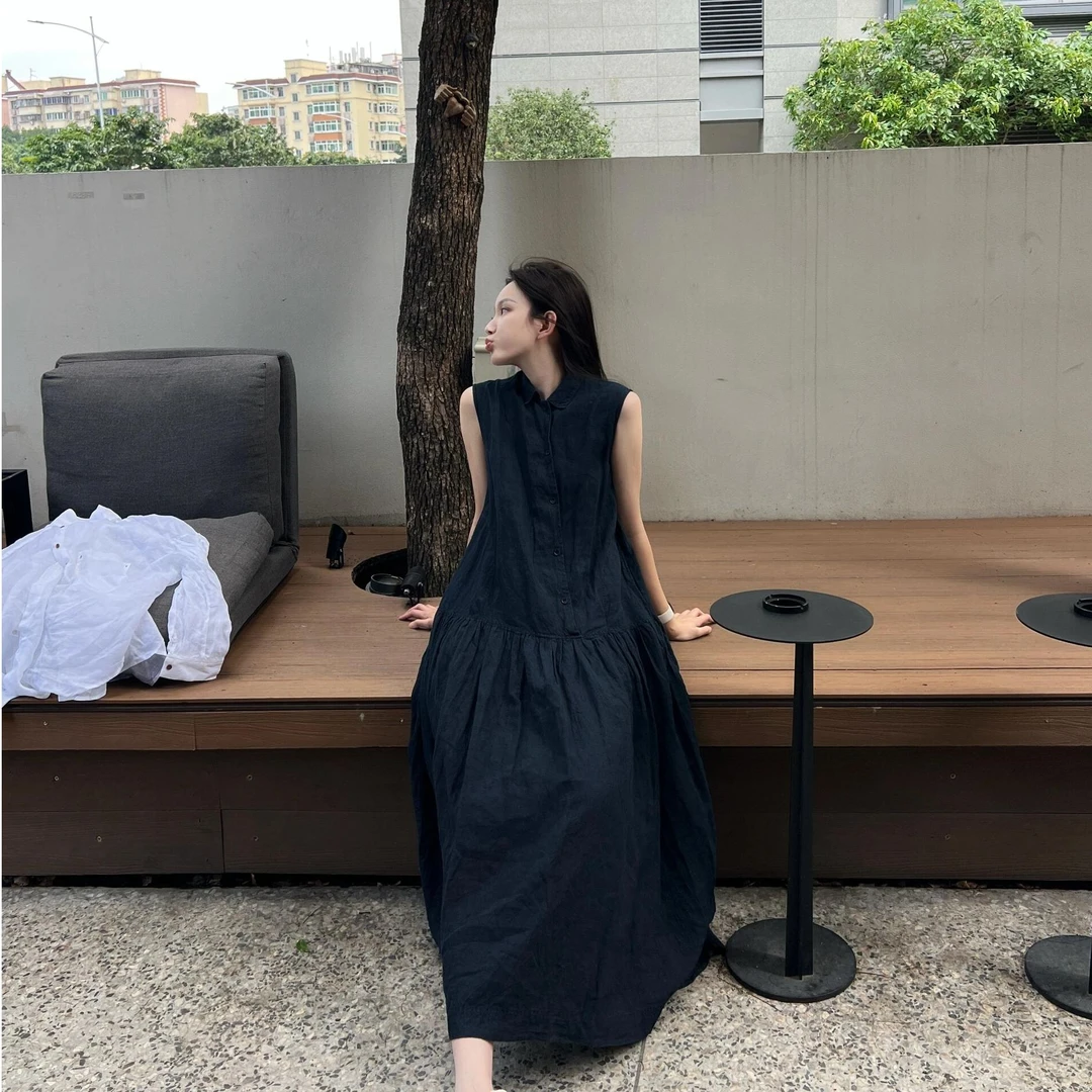 法式气质无袖连衣裙女装2025年夏季新款高级感独特漂亮衬衫长裙子