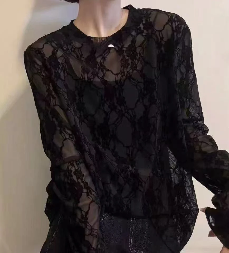 【锦衣服饰】WZ 9217韩系透视网纱蕾丝长袖衫