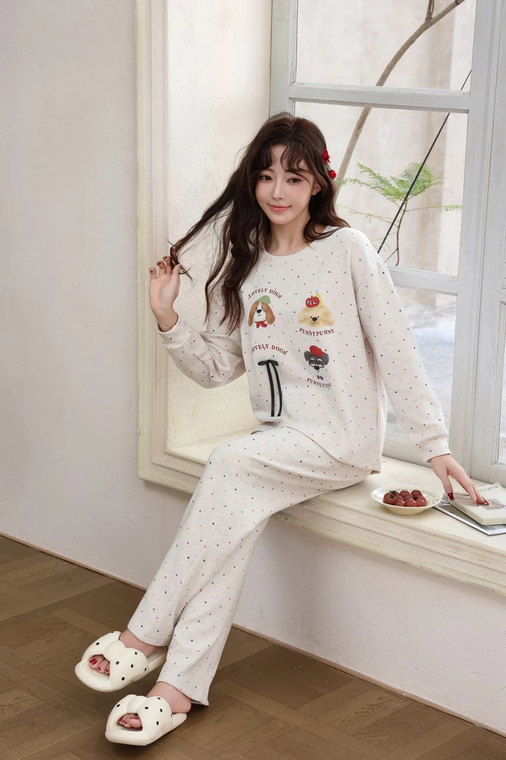 女士秋冬季家居服套装长袖长裤保暖秋冬季睡衣套装莱赛尔休闲睡衣