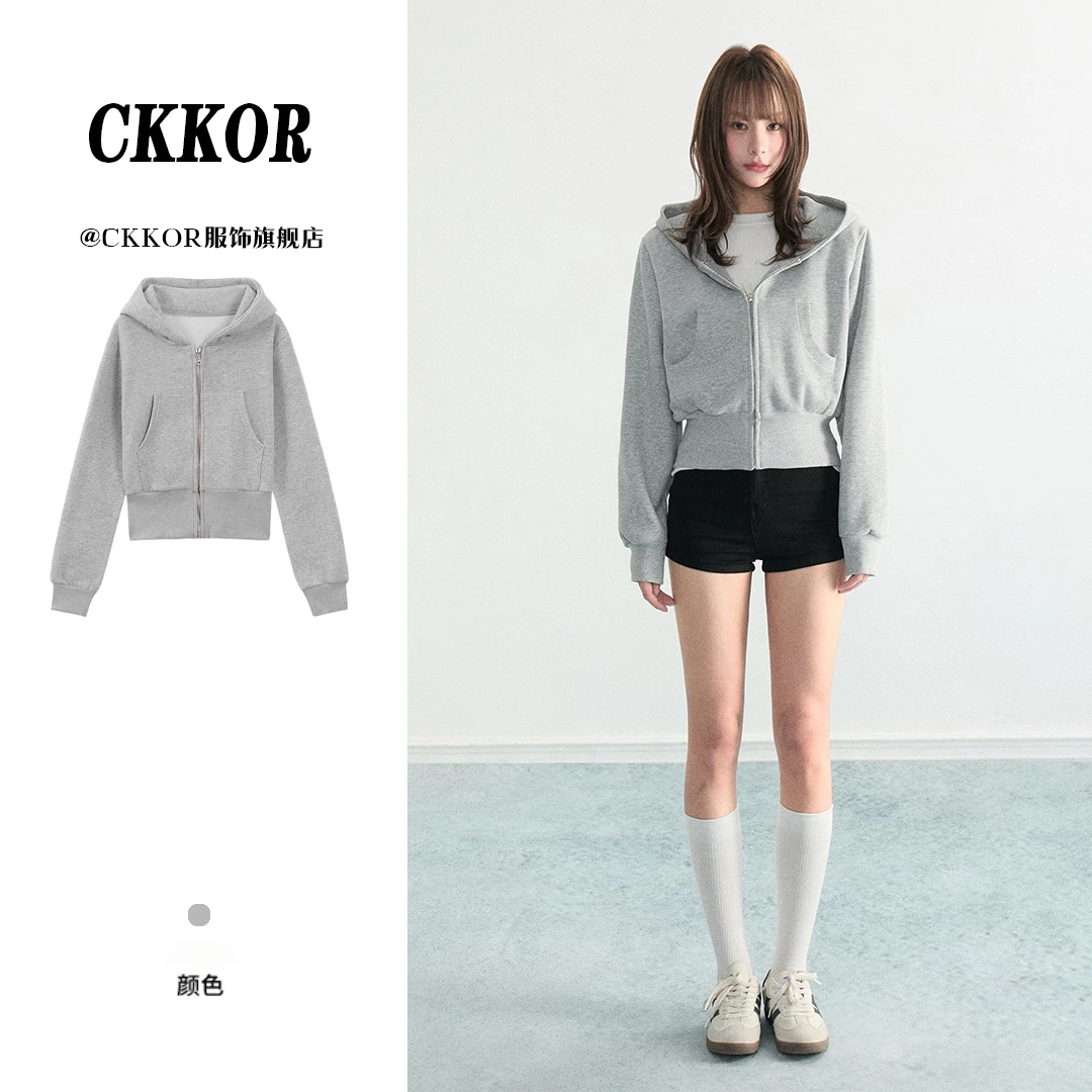 CKKOR时尚收腰显瘦开衫连帽拉链外套女秋冬新款美式辣妹短款卫衣