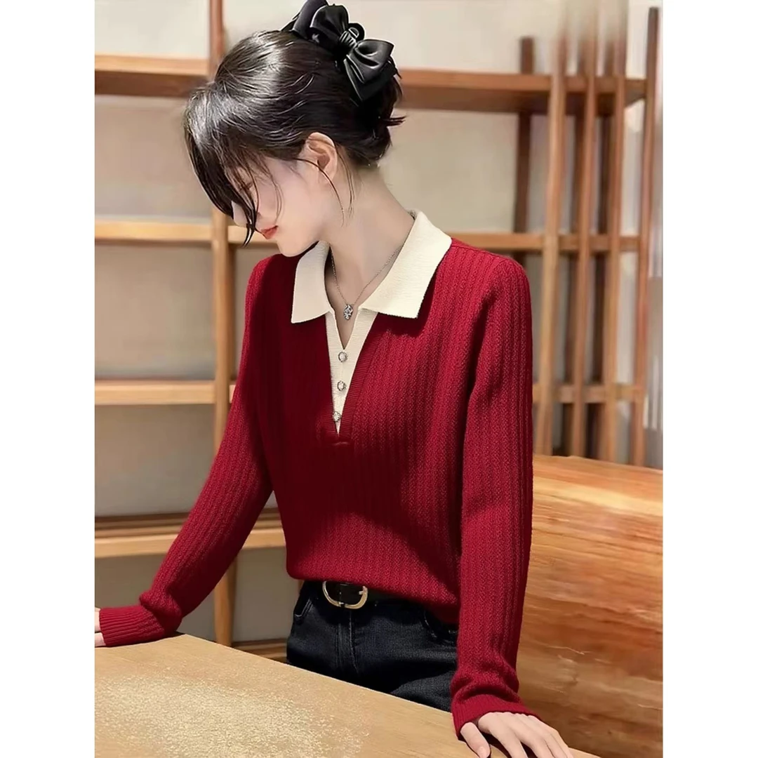 时尚巨好看小香风红色针织衫女秋冬新款气质优雅百搭显瘦翻领上衣