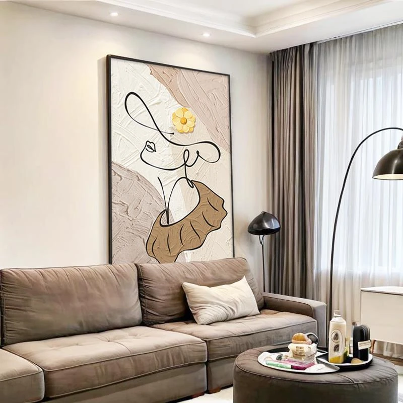 奶油风美女人物抽象线条现代简约客厅装饰画高级轻奢落地玄关挂画