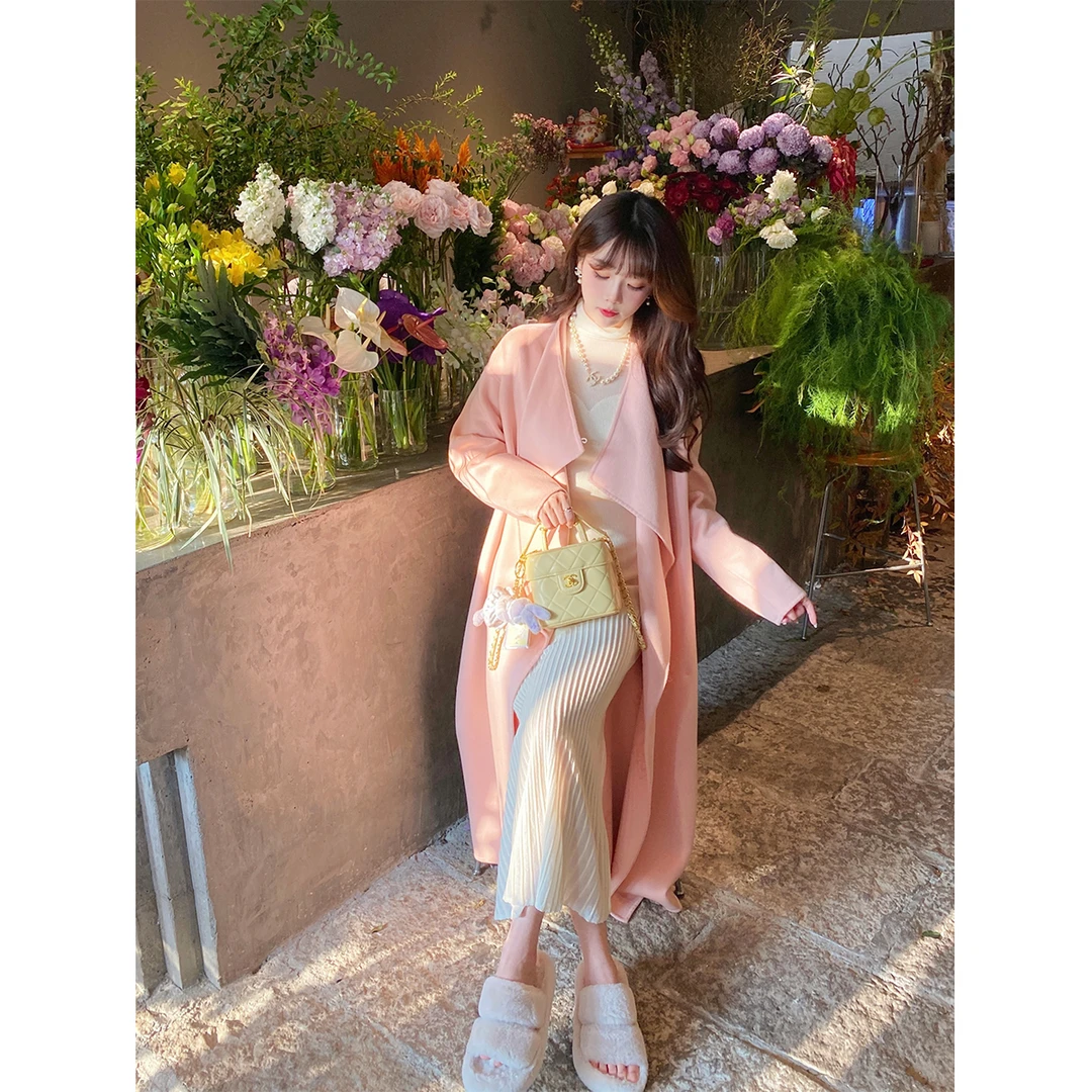 GA盈瓷小个子羊毛大衣女秋冬高级感长款粉色双面毛呢外套23FW0110