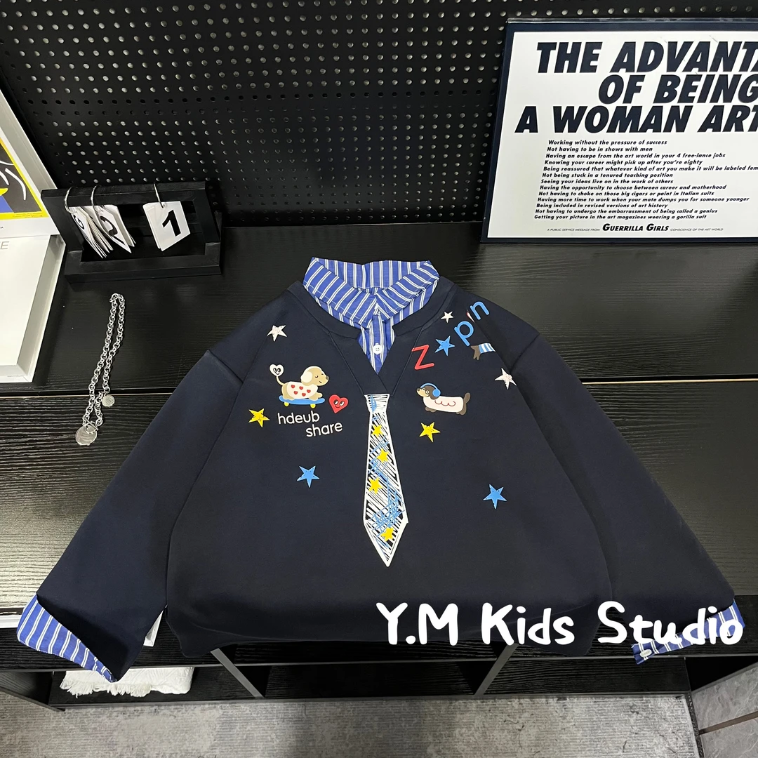 【Y.M KIDS】2025秋季新款儿童假两件卫衣领带印花设计男童潮流百搭