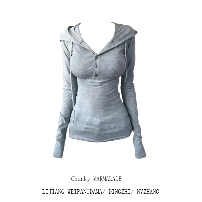 大码灰色休闲连帽长袖t恤女秋冬胖mm显瘦简约修身上衣内搭打底衫