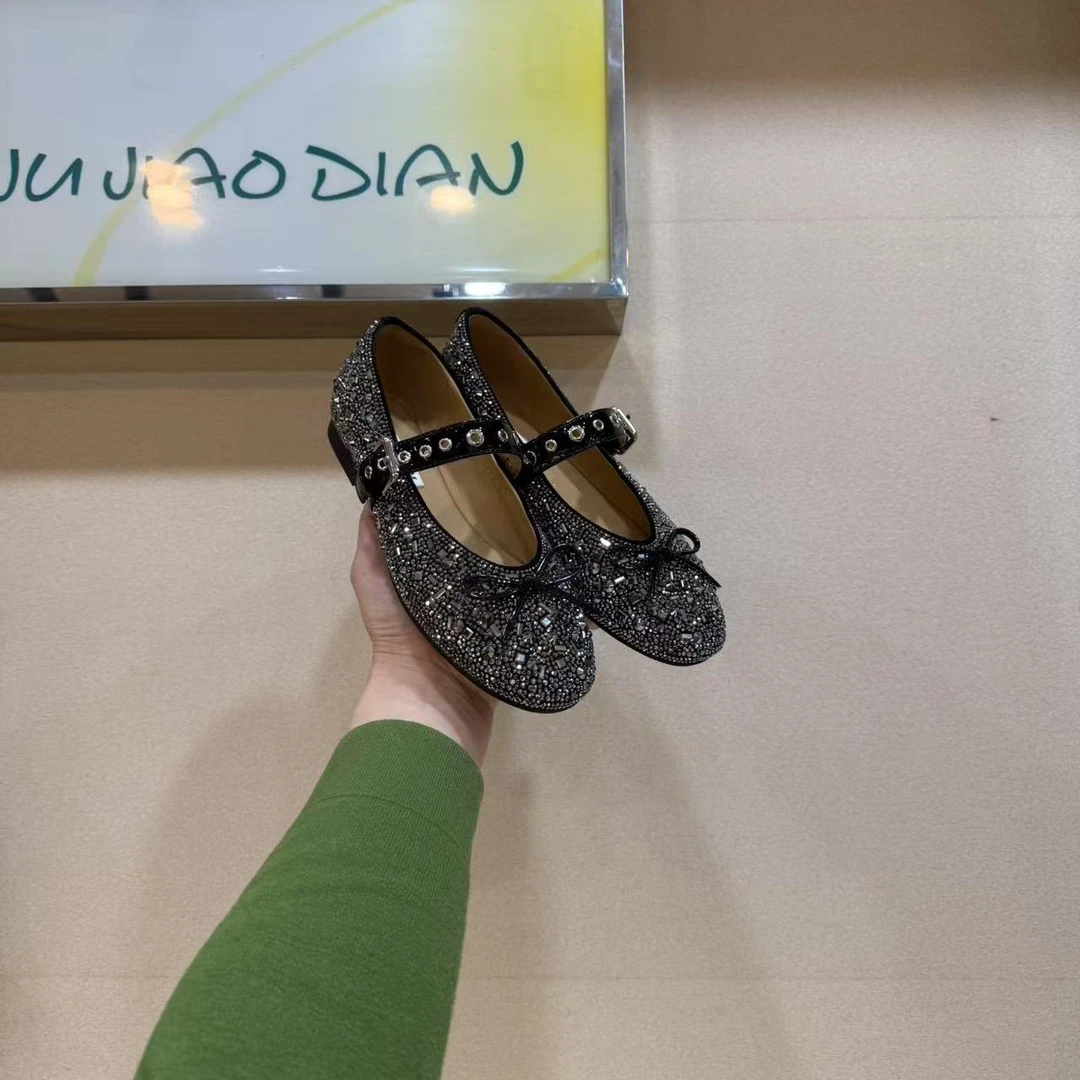 欧货女鞋2025春季新款真皮时尚浅口水钻一字带玛丽珍鞋平底单鞋女