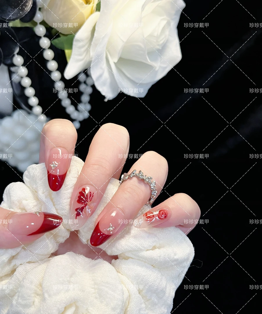 【玫瑰与蝶】珍珍手工穿戴甲显白气质红法式手绘蝴蝶玫瑰美甲贴片