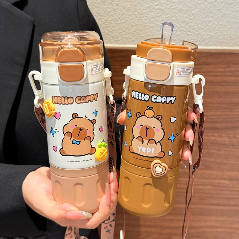 卡皮巴拉双饮儿童保温杯316食品级学生上学专用吸管杯子斜挎水壶