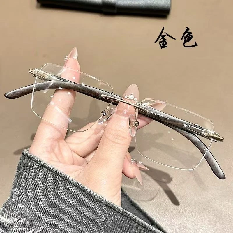 复古潮流檀木镜腿男士大脸无框眼镜商务纯钛可配有度数近视防蓝光