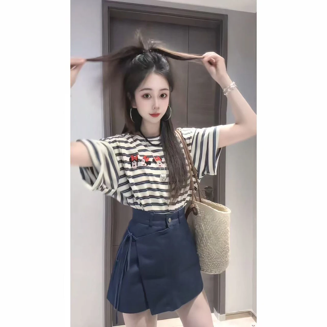 2025夏季新款韩国东大门条纹米奇头百搭短袖t