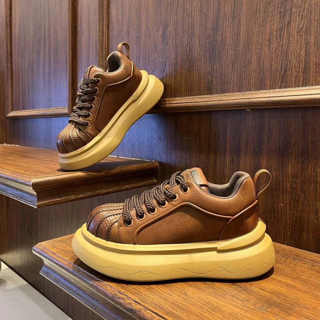 男鞋2025复古巴恩风厚底时尚皮革休闲鞋低帮系带潮流个性百搭鞋子