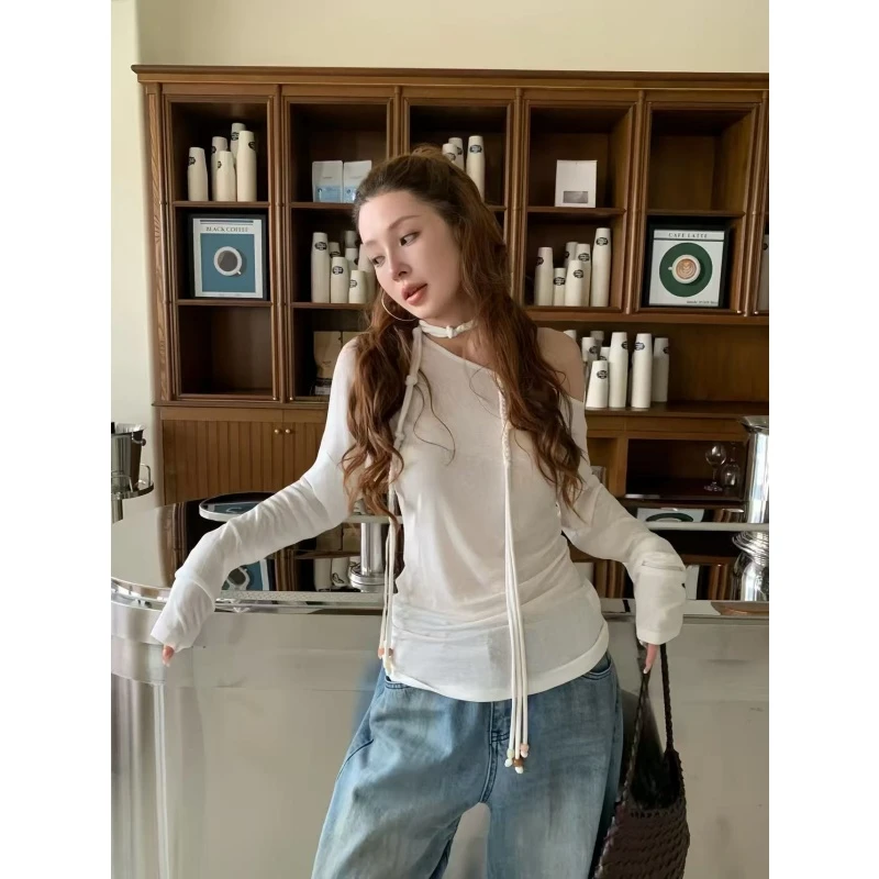 设计感洋气百搭修身薄款斜肩长袖上衣复古高腰阔腿牛仔长裤两件套