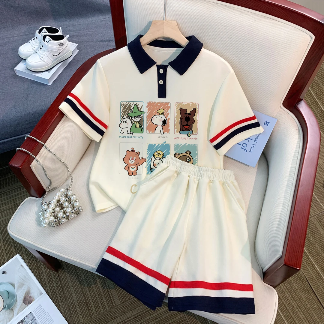 可爱小狗印花女童短袖POLO衫短裤套装中大童两件装8-15岁童装上衣