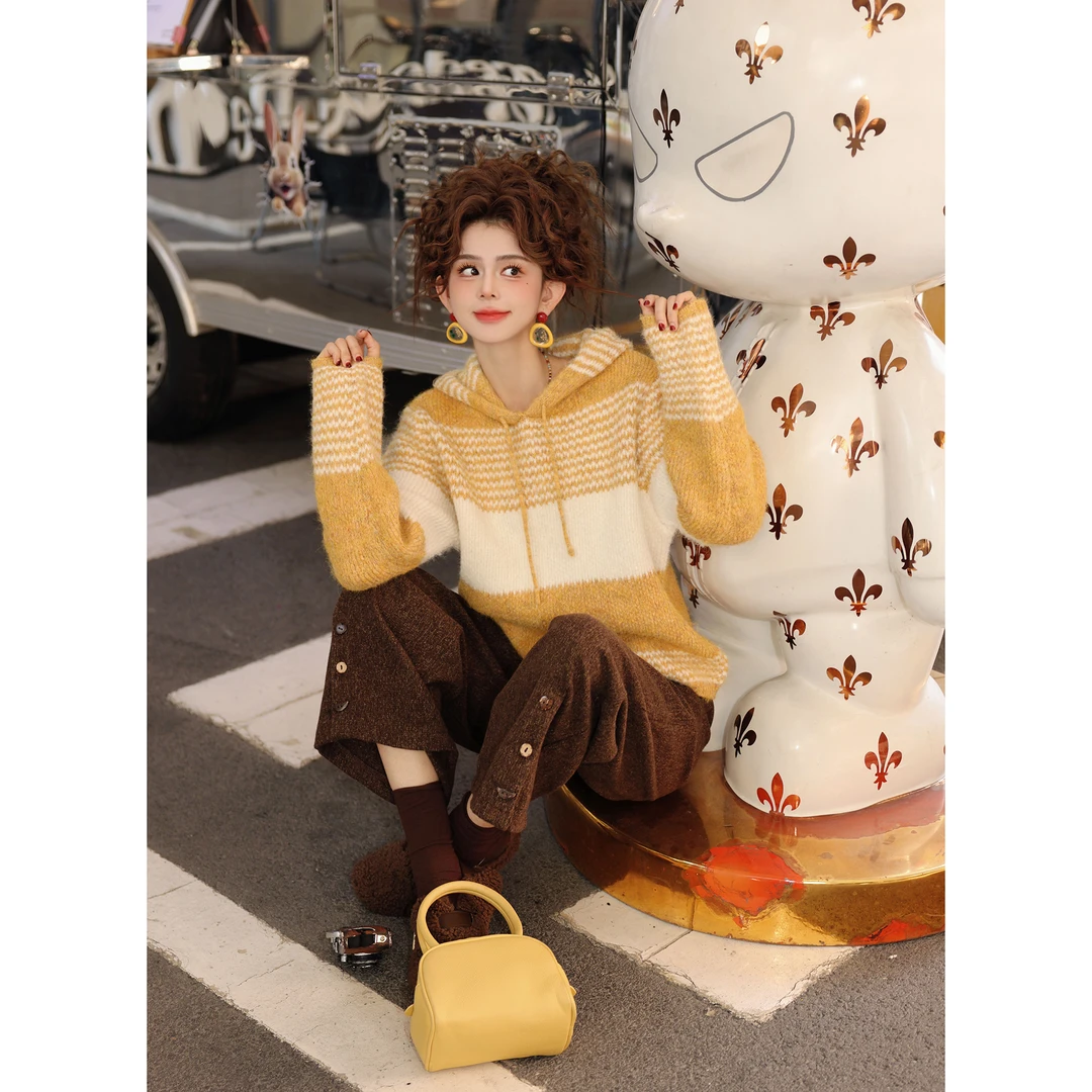 陈大器【薄柿日光】港风复古连帽条纹针织宽松百搭毛衣JM2477717