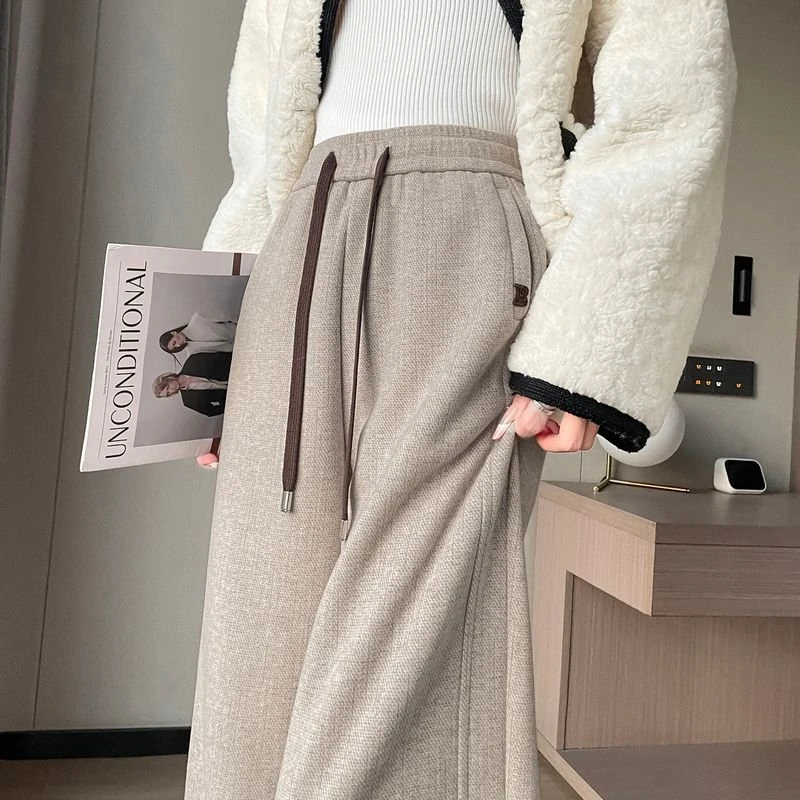 现货2025秋冬新款米白色羊绒窄版糯米阔腿拖裤加绒醋酸羊毛裤女