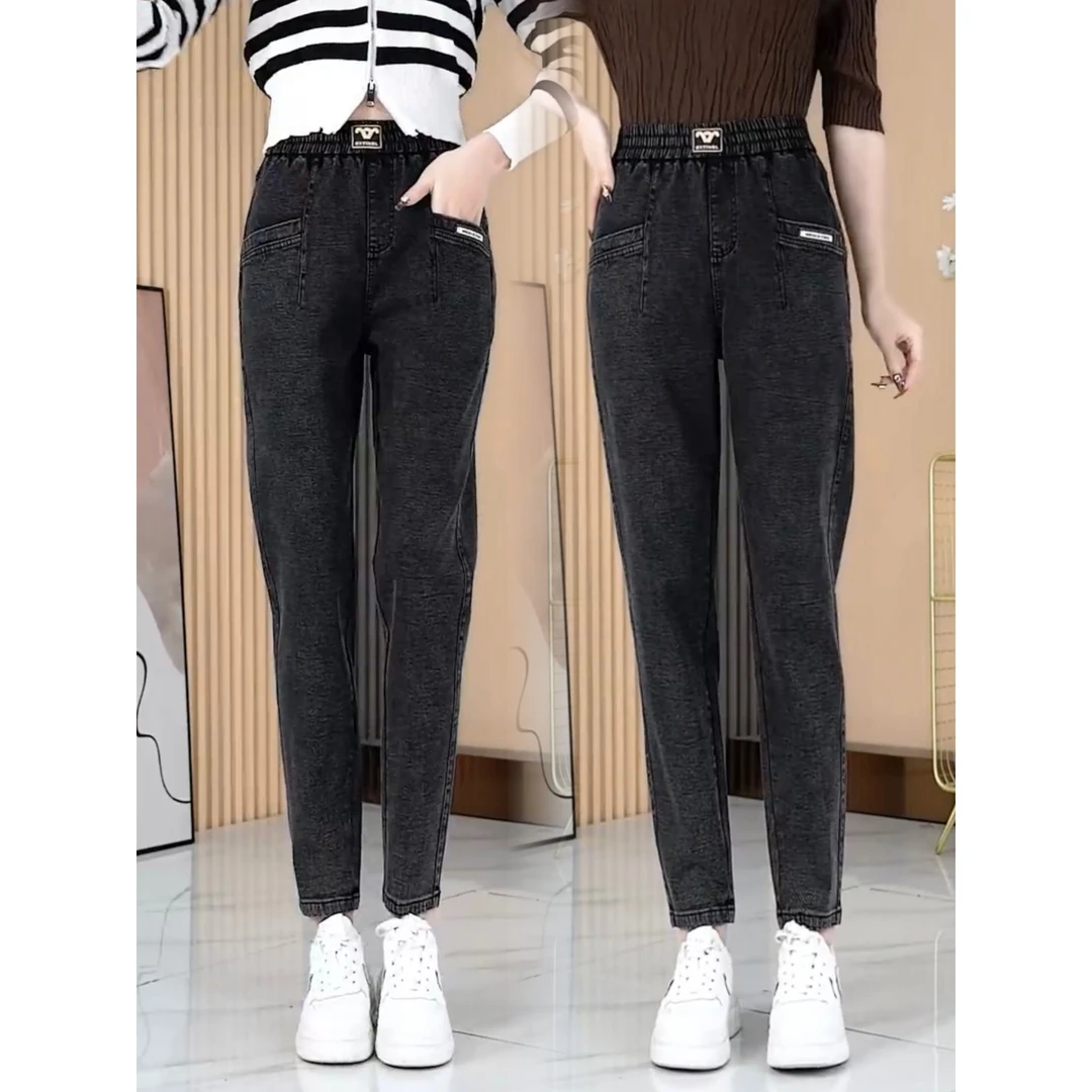 2025秋季新款松紧腰牛仔裤女显瘦小脚老爹裤高腰百搭宽松哈伦裤子