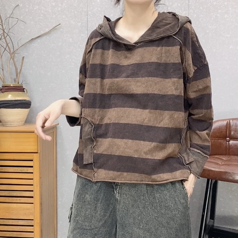 【云吖】秋季复古宽松休闲炒色做旧条纹连帽拼色套头长袖棉T