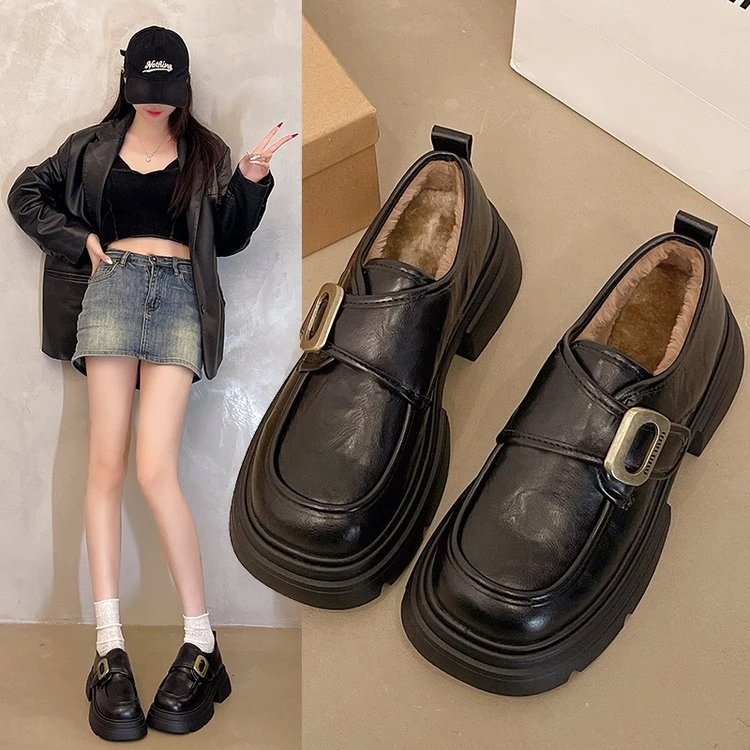 厚底小皮鞋女秋冬加绒加厚2025新款增高乐福鞋jk鞋子通勤东北棉鞋