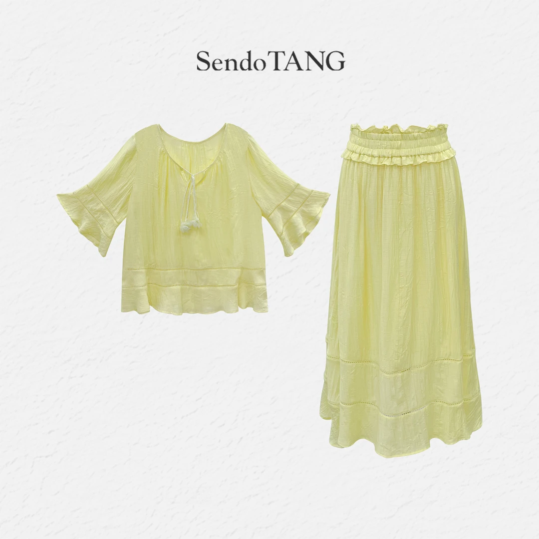 现货棉麻套装【花房奇遇】胖多女装新款时尚高级感上衣半裙套装