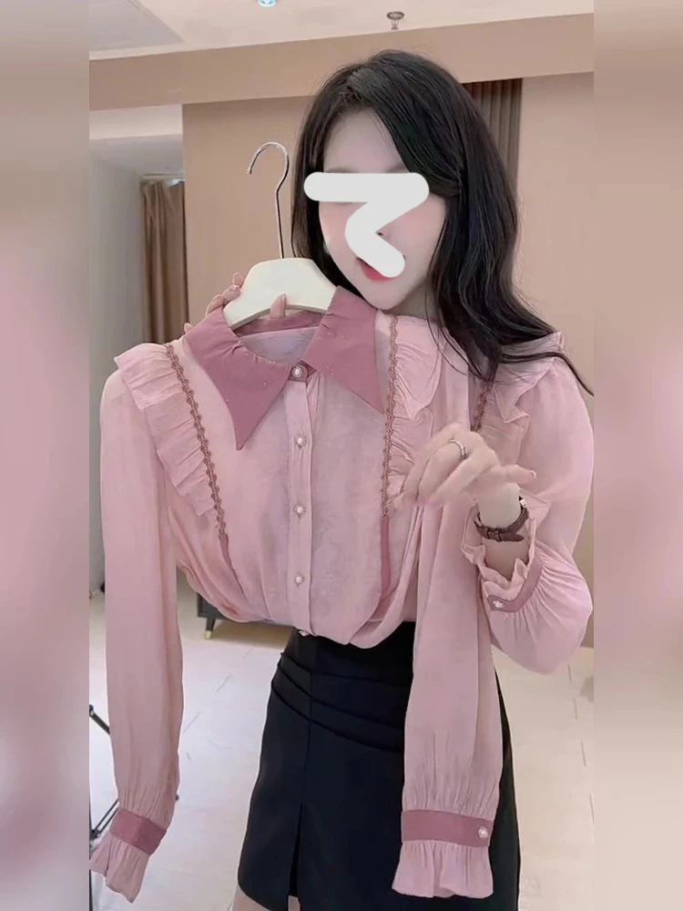 2025新款开春小众穿搭法式高级感减龄洋气超好看粉色荷叶边衬衫女