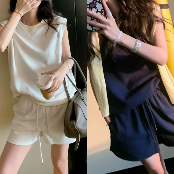 松弛感天丝空气层小飞袖上衣+直筒短裤休闲运动套装2025夏