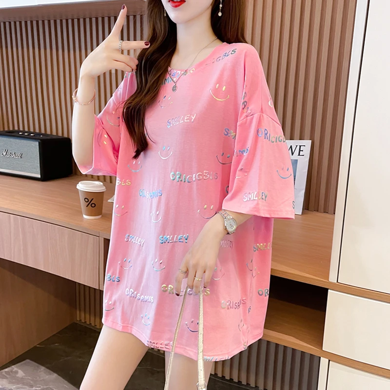 中长款小众烫金炫彩宽松遮屁股上衣女微胖孕妇遮肚短袖t恤女夏季t