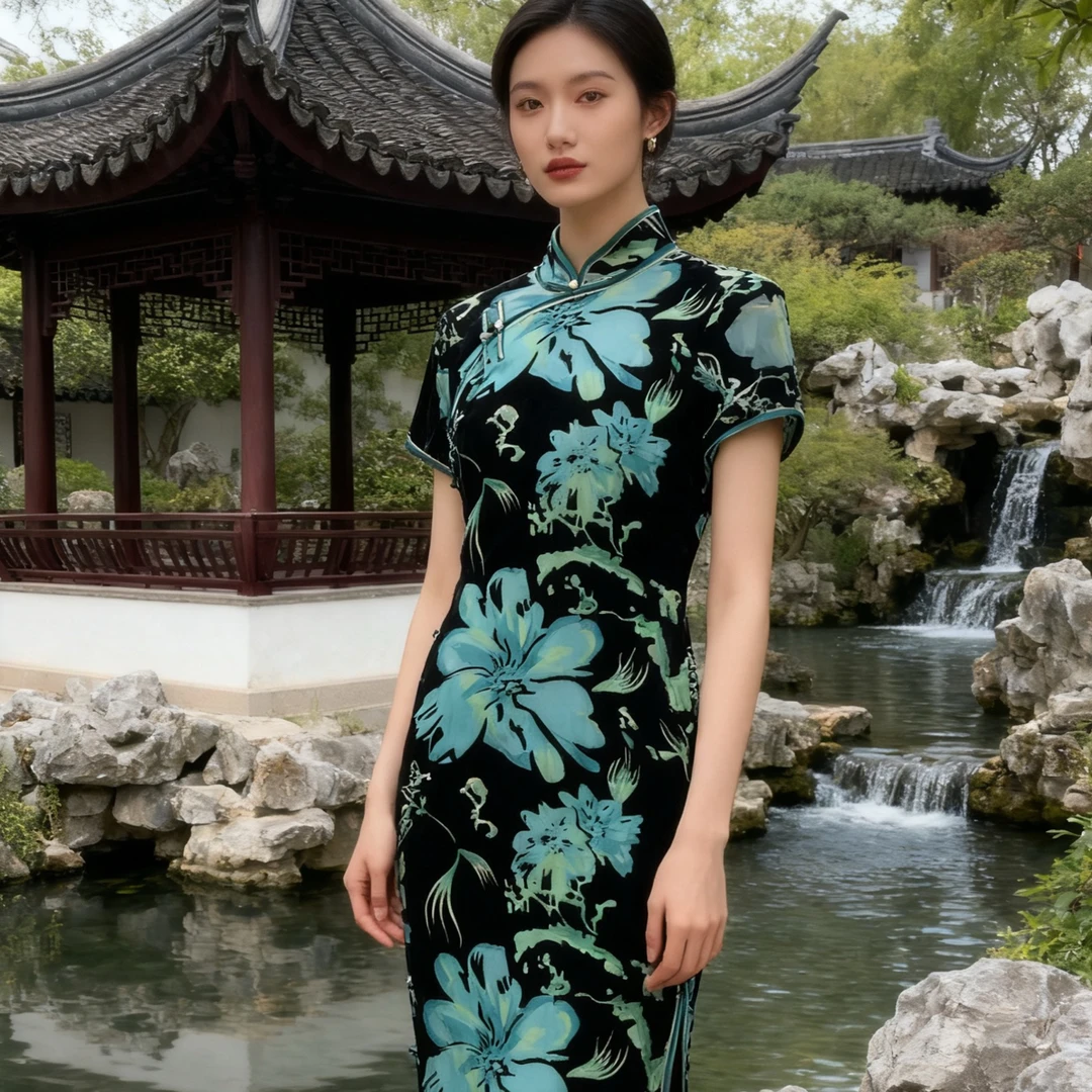 1530-绿色老上海滩旗袍长款蚀骨改良版复古民国风年轻款优雅日常