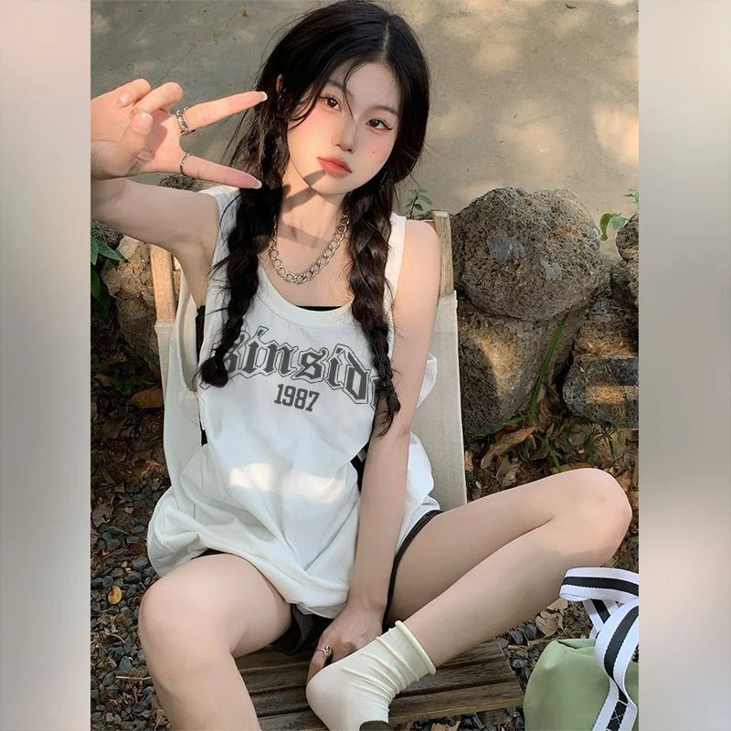 纯棉吊带运动坎肩背心无袖t恤女夏季外穿篮球服宽松港风休闲上衣