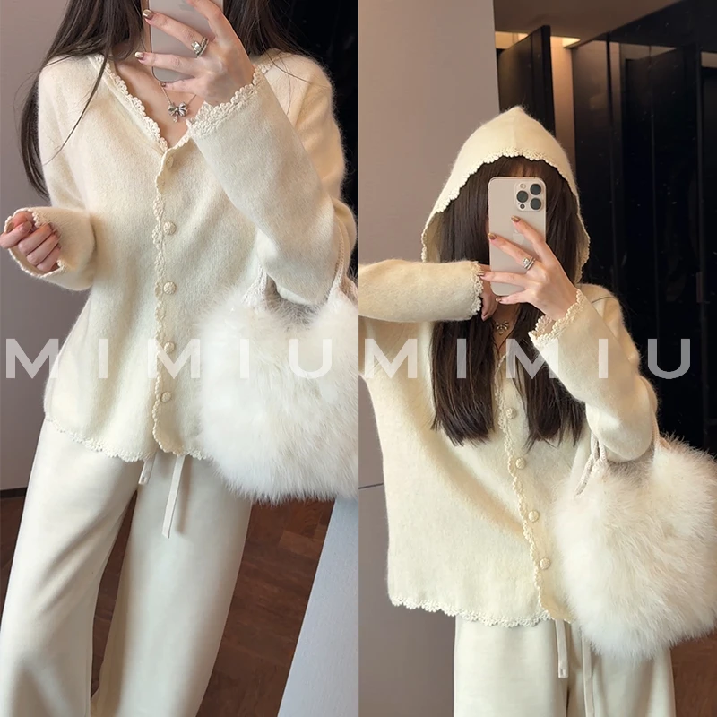 【mimius】喵喵 羊毛山羊绒连帽花边V领开衫(不可机洗) WG09138