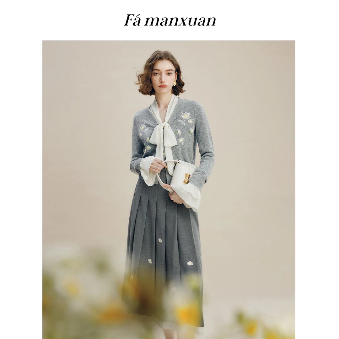 【诗语专属】法曼萱刺绣小雏菊针织短款开衫女2025秋上衣MK1056
