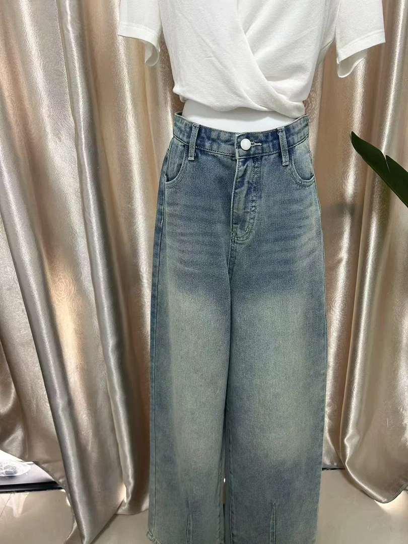 时尚水洗长裤牛仔裤直筒老钱风拼贴/拼接夏季