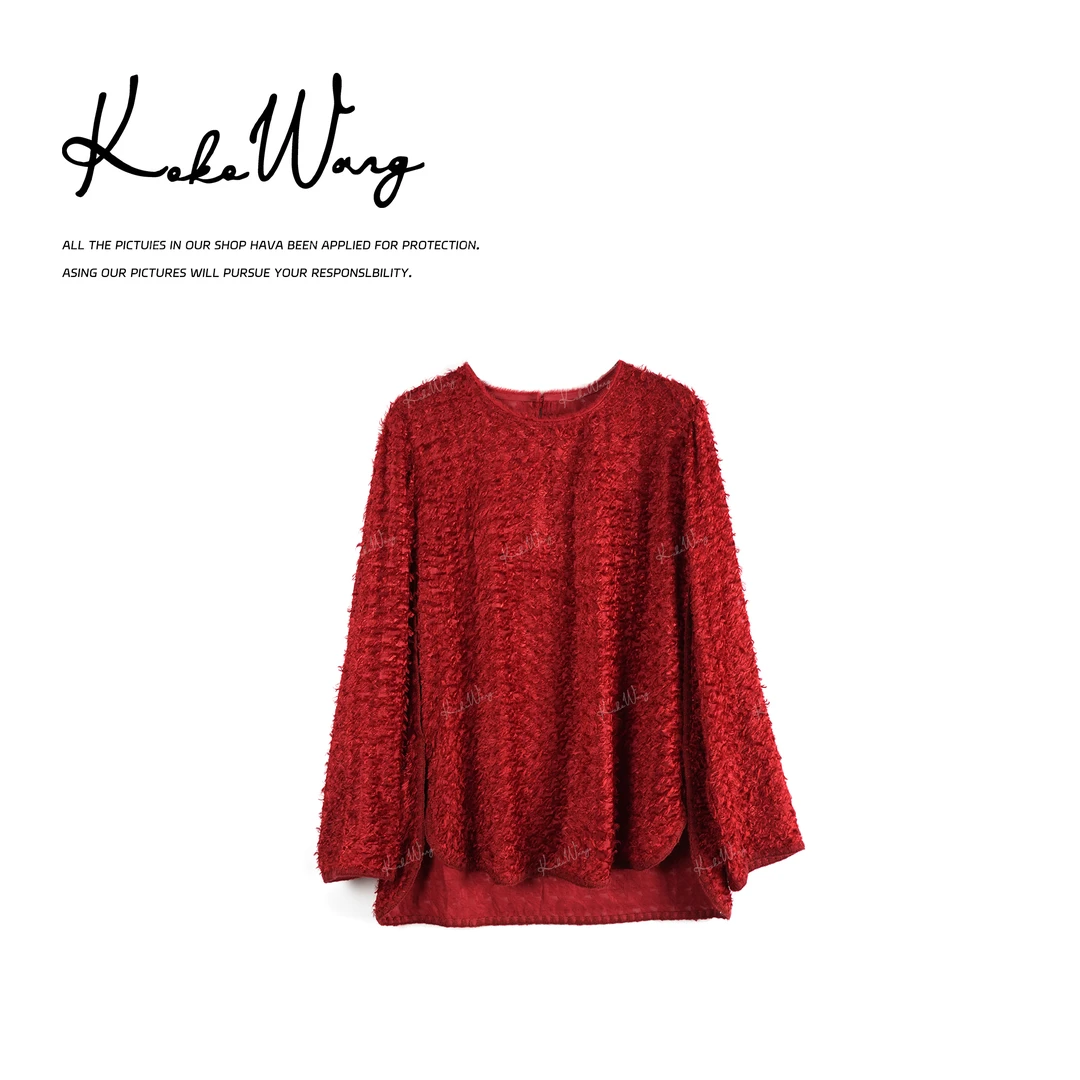 KOKO WANG秋冬圣诞氛围感桑蚕丝流苏圆领上衣X6475K22T04