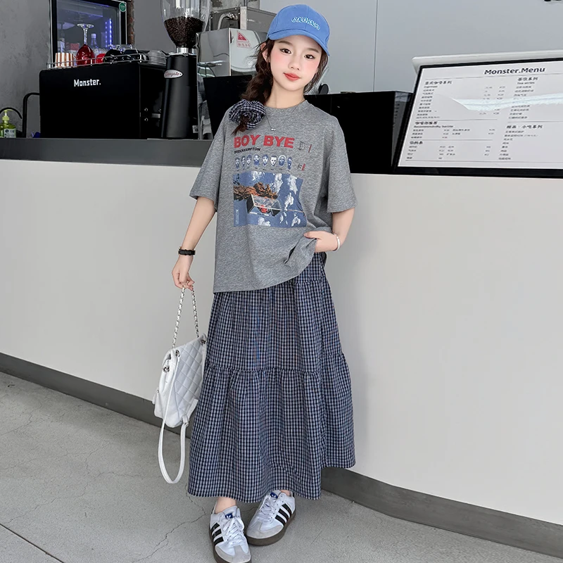 女童夏装2025新款洋气套装大童短袖T恤儿童夏季格子半身裙6-15岁9