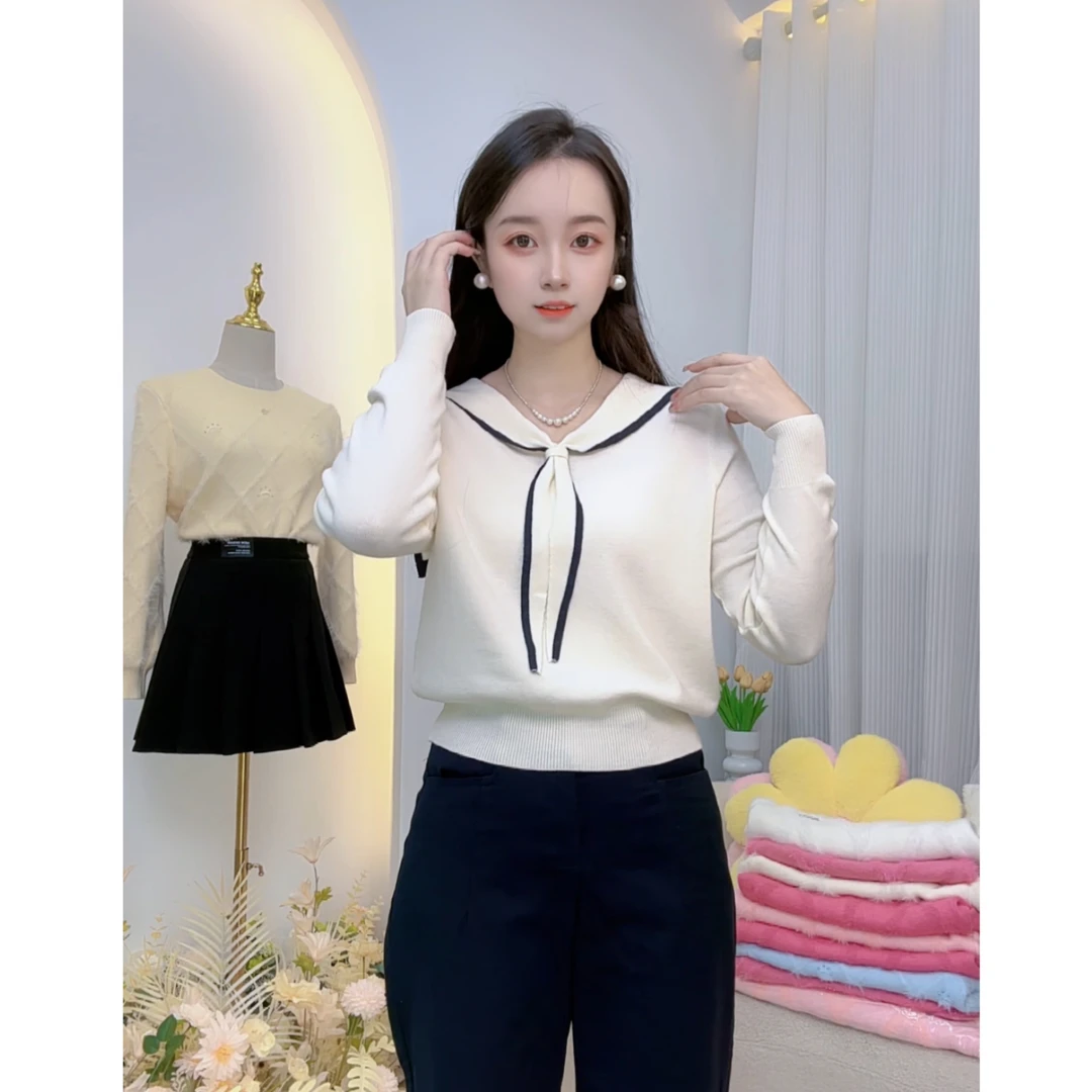 依琳精选 海军领针织毛针织衫网红时尚打底衫翻领